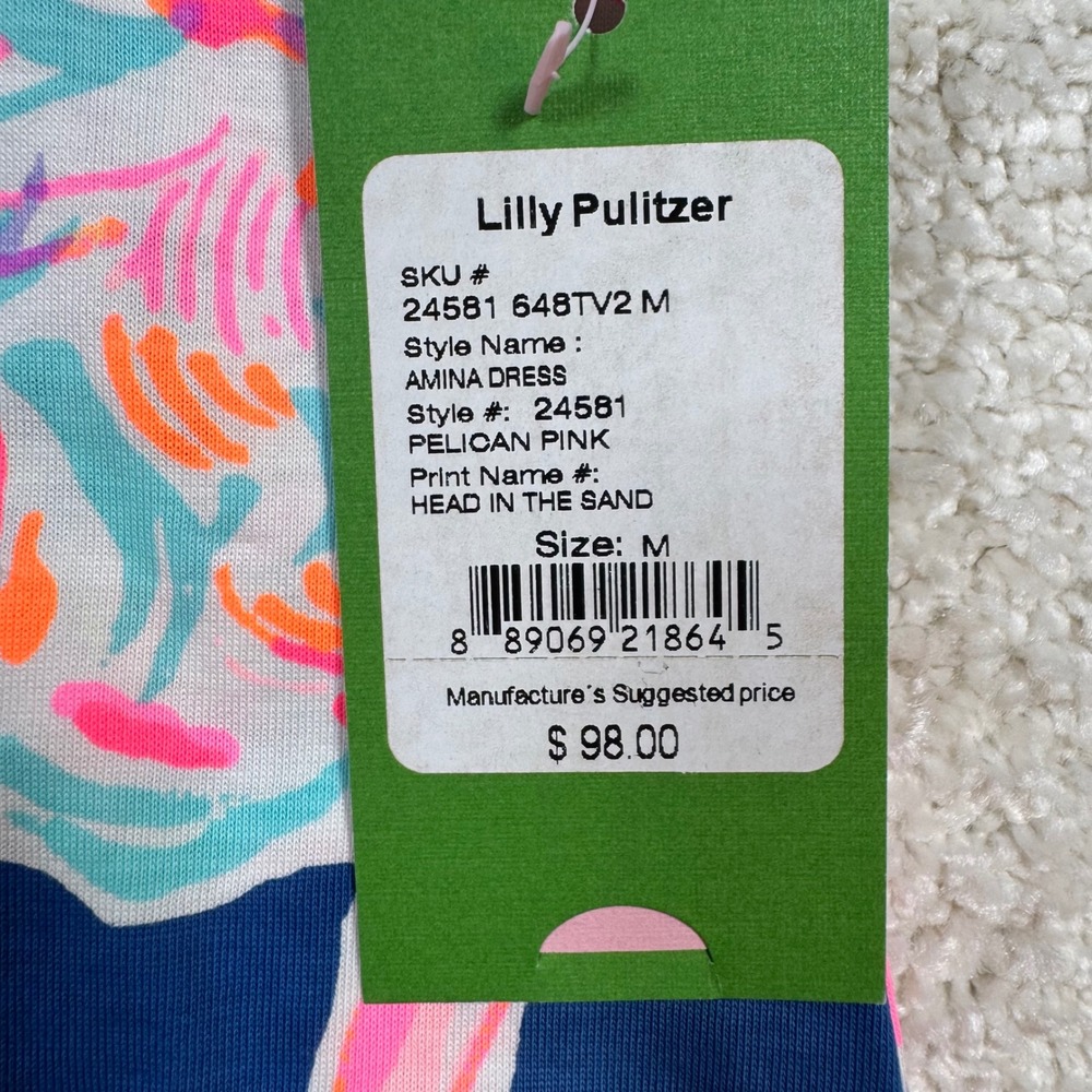 Lilly Pulitzer Amina Dress Womens Medium Pelican Pink Flamingo Head In The Sand - Picture 4 of 10